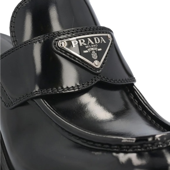 NIB Prada Chocolate Brushed Leather Heeled Loafer Mules EU 37.5 US 7.5 - Picture 4 of 11